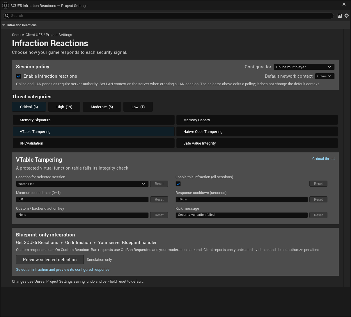 SCUE5 native Slate infraction reactions panel showing threat categories, session policy and selected rule settings